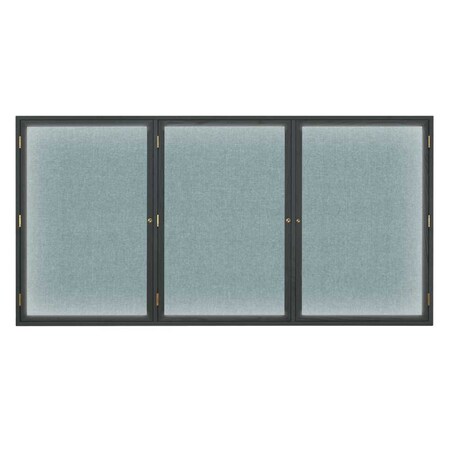 United Visual Products Triple Door Enclosed EZ Tack Board, 96"x48", Light Oak/Blue UV106EZ-BLUE-LTOAK